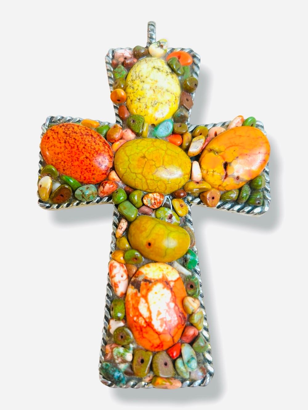 Southwestern Multi Stone Cross Pendant Silver Tone Mosaic Large Statement
